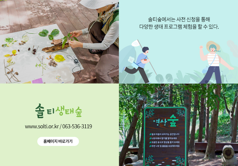 사진설명 솔티숲에서는 사전신청을 통해 다양한 생태 프로그램 체험을 할 수 있다. 솔티생태숲 www.solti.or.kr 063-536-3119